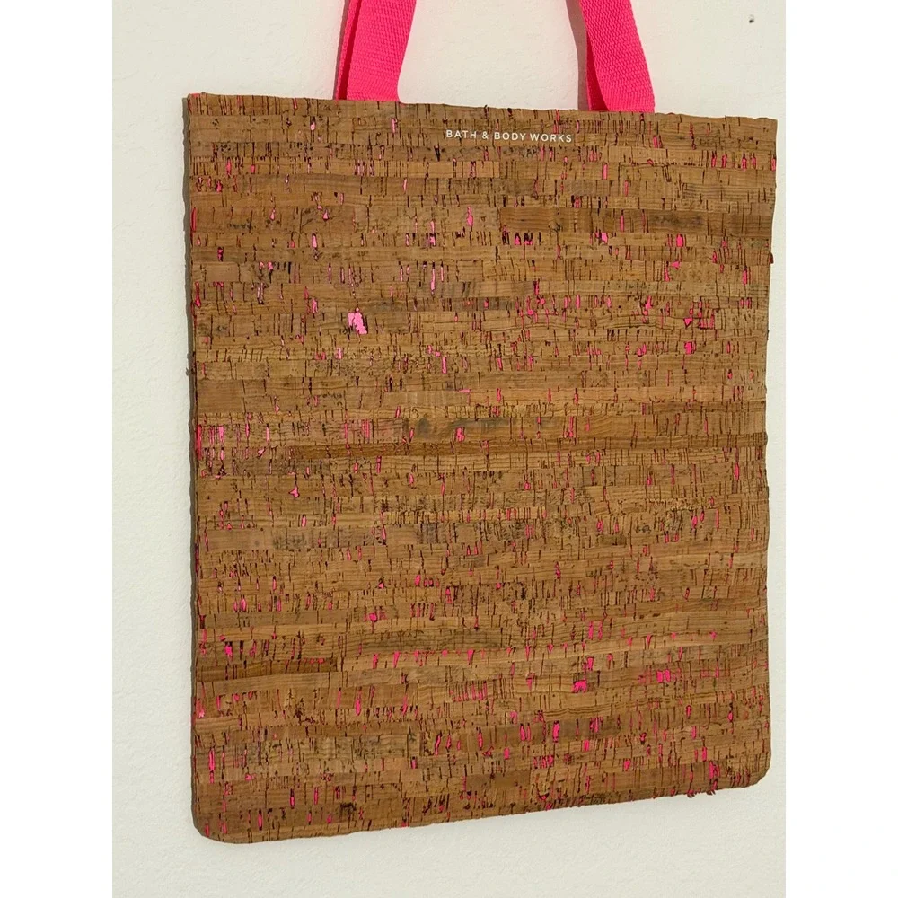 Bath & Body Works Cork Tote Bag Neon Pink Metallic Flecked Reusable Gift Bag NWT